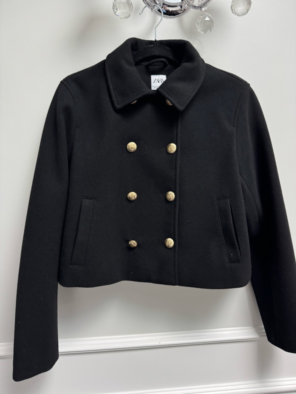 Zara - Black Double-Breasted Cropped Peacoat with Gold Buttons